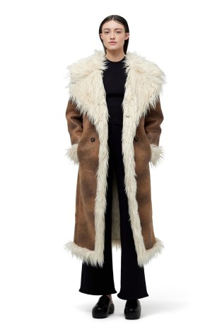 SIMON MILLER JETZ COAT VEGAN SHEARLING WITH EXAGGERATED COLLAR in natural brown with long hair | shaggy retro lomgline coats | womens 70s inspired outerwear | 1970s vintage style fashion