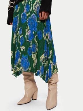 Jigsaw x Sharan Ranshi Asymmetric Skirt in Green | floral pleated skirts - flipped
