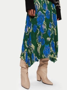 Jigsaw x Sharan Ranshi Asymmetric Skirt in Green | floral pleated skirts