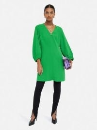 JIGSAW Textured Short Dress in Green ~ balloon sleeved V-neck dresses