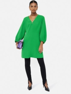 JIGSAW Textured Short Dress in Green ~ balloon sleeved V-neck dresses - flipped