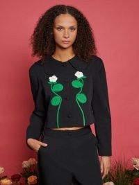sister jane Rambling Rose Jacket in Black / womens cropped occasion jackets / crochet floral detail / scalloped collar