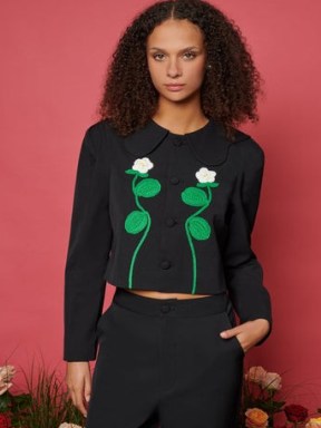 sister jane Rambling Rose Jacket in Black / womens cropped occasion jackets / crochet floral detail / scalloped collar - flipped