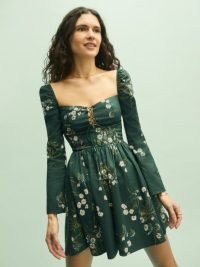Reformation Johnny Dress in Buene – green floral fit and flare dresses – long sleeved – fitted bodice with lace up bust