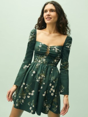 Reformation Johnny Dress in Buene – green floral fit and flare dresses – long sleeved – fitted bodice with lace up bust - flipped