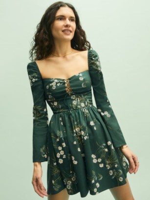 Reformation Johnny Dress in Buene – green floral fit and flare dresses – long sleeved – fitted bodice with lace up bust