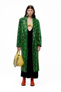 Simon Miller JOTO COAT in Grass Green / coated vegan leather longline coats / women’s glamorous snake print fashion
