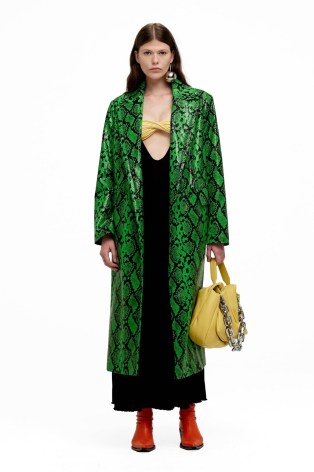 Simon Miller JOTO COAT in Grass Green / coated vegan leather longline coats / women’s glamorous snake print fashion - flipped