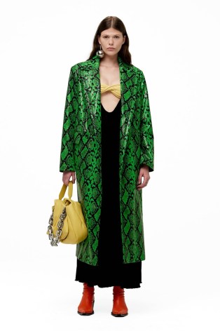 Simon Miller JOTO COAT in Grass Green / coated vegan leather longline coats / women’s glamorous snake print fashion