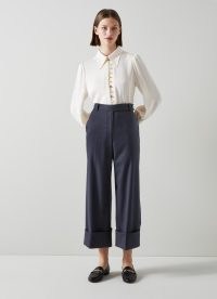 L.K. BENNETT Joy Navy Wool-Blend Turn-Up Trousers / womens dark blue cropped hem pants / chic day clothes