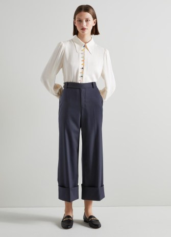 L.K. BENNETT Joy Navy Wool-Blend Turn-Up Trousers / womens dark blue cropped hem pants / chic day clothes - flipped