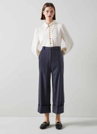 L.K. BENNETT Joy Navy Wool-Blend Turn-Up Trousers / womens dark blue cropped hem pants / chic day clothes
