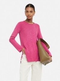 JIGSAW Linen Cotton Crew Neck Jumper in Pink – chic wardrobe essentials – long sleeve split hem tops