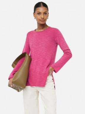 JIGSAW Linen Cotton Crew Neck Jumper in Pink – chic wardrobe essentials – long sleeve split hem tops - flipped
