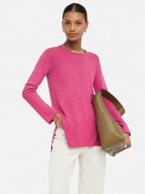 JIGSAW Linen Cotton Crew Neck Jumper in Pink – chic wardrobe essentials – long sleeve split hem tops
