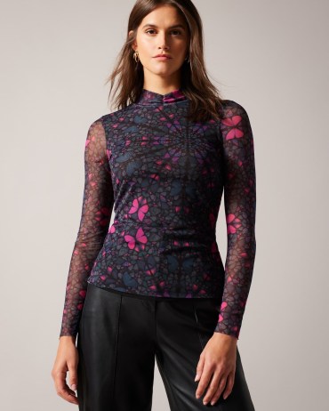 TED BAKER Kamill Mesh Fitted Top With High Neck in Black / semi sheer butterfly print tops - flipped