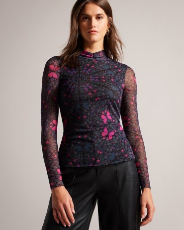 TED BAKER Kamill Mesh Fitted Top With High Neck in Black / semi sheer butterfly print tops