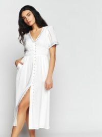 Reformation Kamryn Dress in White / short sleeve V-neck button front midi dresses / smocked under the bust / floral trim