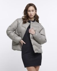 RIVER ISLAND KHAKI QUILTED PUFFER JACKET ~ womens collarless padded jackets