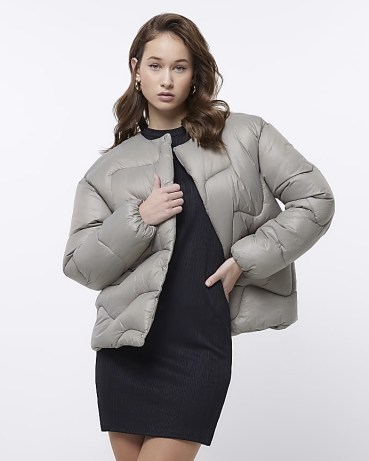 RIVER ISLAND KHAKI QUILTED PUFFER JACKET ~ womens collarless padded jackets - flipped