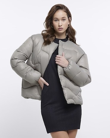RIVER ISLAND KHAKI QUILTED PUFFER JACKET ~ womens collarless padded jackets