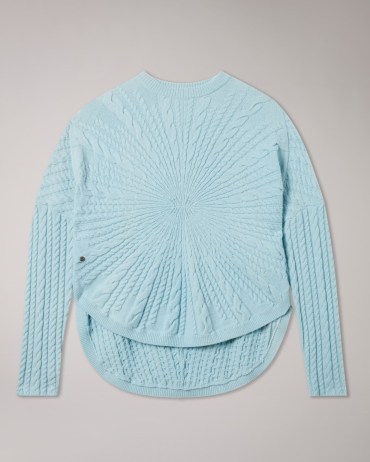 Ted Baker Kimila Circular Cable Knit Jumper in Light Blue | womens textured curved hem jumpers | dip hem sweater - flipped