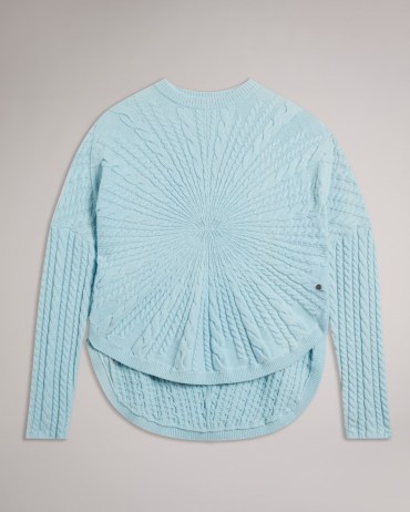 Ted Baker Kimila Circular Cable Knit Jumper in Light Blue | womens textured curved hem jumpers | dip hem sweater