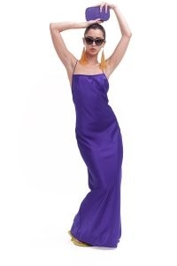 SIMON MILLER KIZO DRESS in Disco Purple – strappy maxi slip dresses – Y strap back detail – silky evening fashion – skinny shoulder straps