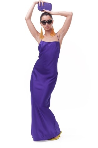 SIMON MILLER KIZO DRESS in Disco Purple – strappy maxi slip dresses – Y strap back detail – silky evening fashion – skinny shoulder straps - flipped