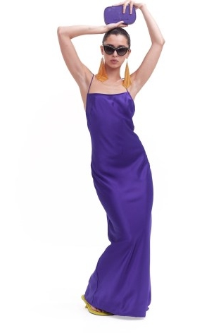 SIMON MILLER KIZO DRESS in Disco Purple – strappy maxi slip dresses – Y strap back detail – silky evening fashion – skinny shoulder straps