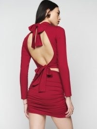 Reformation Lake Knit Two Piece in Crimson – red open back top and ruched mini skirt co-ord – crop tops and skirts sets – fashion co-ords – tie detail clothes