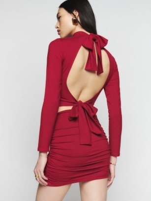 Reformation Lake Knit Two Piece in Crimson – red open back top and ruched mini skirt co-ord – crop tops and skirts sets – fashion co-ords – tie detail clothes - flipped