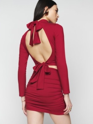 Reformation Lake Knit Two Piece in Crimson – red open back top and ruched mini skirt co-ord – crop tops and skirts sets – fashion co-ords – tie detail clothes