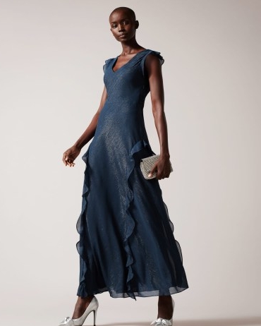 TED BAKER Laurae Bias Cut Maxi Dress With Ruffle Detail in Dark Blue ~ ruffled flutter sleeve occasion dresses ~ metallic thread party fashion with ruffles
