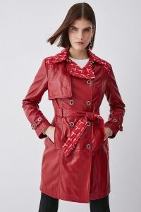 KAREN MILLEN Leather & Tweed Mix Short Trench Coat in Red ~ womens luxury tie waist coats
