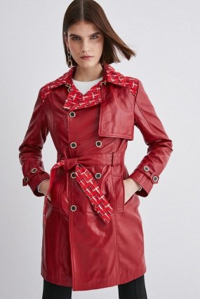 KAREN MILLEN Leather & Tweed Mix Short Trench Coat in Red ~ womens luxury tie waist coats - flipped