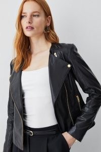 KAREN MILLEN Leather Asymmetric Zip Through Collarless Biker Jacket in Black ~ women’s zip detail jackets