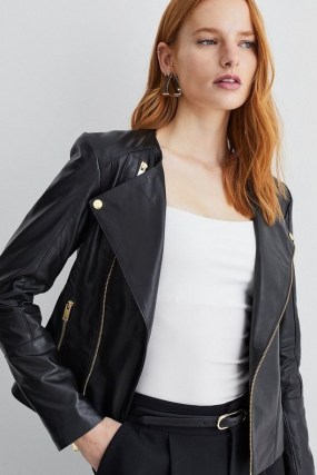 KAREN MILLEN Leather Asymmetric Zip Through Collarless Biker Jacket in Black ~ women’s zip detail jackets - flipped