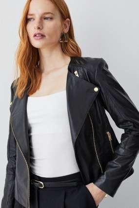 KAREN MILLEN Leather Asymmetric Zip Through Collarless Biker Jacket in Black ~ women’s zip detail jackets
