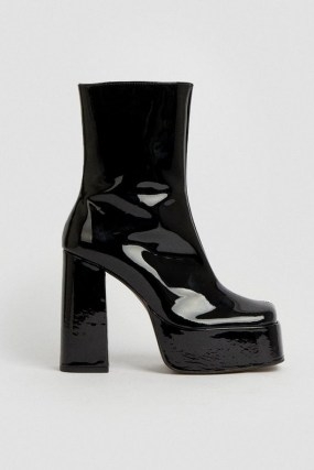 KAREN MILLEN Leather Patent Platform Boot in Black ~ glossy block heel platforms ~ womens chunky 70s style boots - flipped