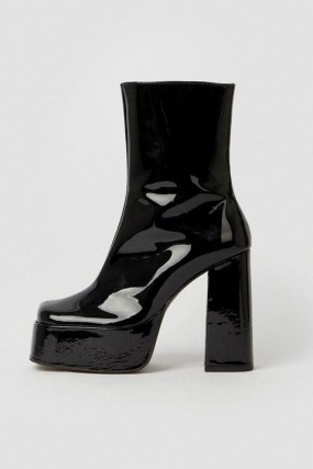 KAREN MILLEN Leather Patent Platform Boot in Black ~ glossy block heel platforms ~ womens chunky 70s style boots