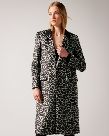 TED BAKER Leeroi Single Breasted Midi Length Coat in Black / women’s leopard print coats / animal prints - flipped