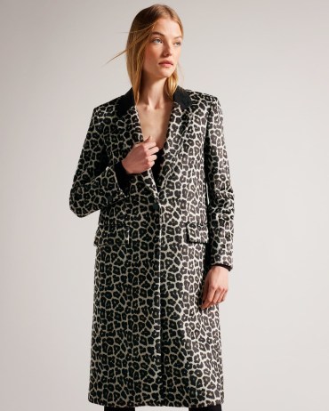 TED BAKER Leeroi Single Breasted Midi Length Coat in Black / women’s leopard print coats / animal prints