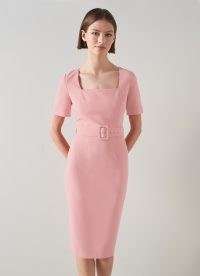 L.K. BENNETT Leonora Pink Shift Dress ~ short sleeve square neck belted pencil dresses