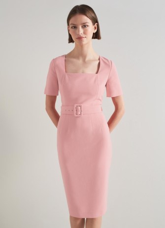L.K. BENNETT Leonora Pink Shift Dress ~ short sleeve square neck belted pencil dresses - flipped