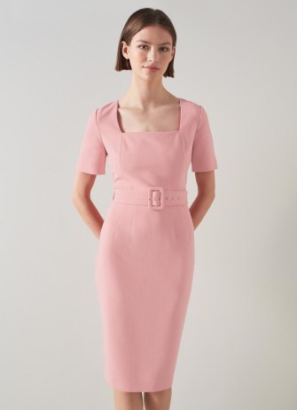 L.K. BENNETT Leonora Pink Shift Dress ~ short sleeve square neck belted pencil dresses