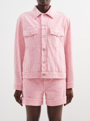 GUCCI GG-jacquard denim jacket in pink ~ womens bubblegum coloured jackets - flipped