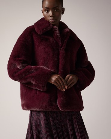 ted baker Liliam Faux Fur Hip Length Coat in Purple / jewel tone fake fur coats / glamorous luxe style winter jackets - flipped