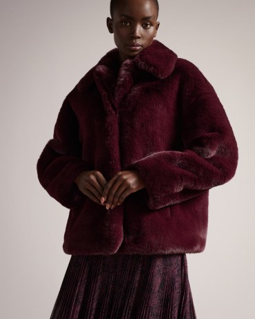 ted baker Liliam Faux Fur Hip Length Coat in Purple / jewel tone fake fur coats / glamorous luxe style winter jackets