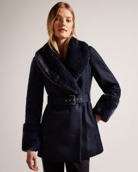 TED BAKER Loleta Belted Coat With Faux Fur Collar and Cuffs in Navy / dark blue fake fur trimmed coats